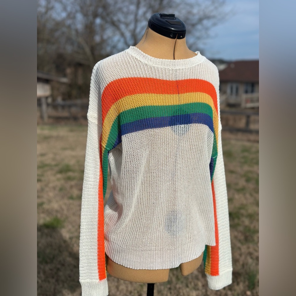 Rainbow sweater. Knit sweater. Rainbow sleeve sweater. Orange yellow green blue - Picture 4 of 8